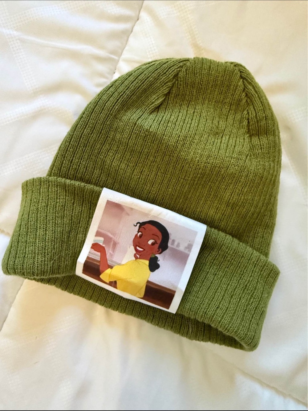 Olive Green Knit Beanie Hat with Character Patch